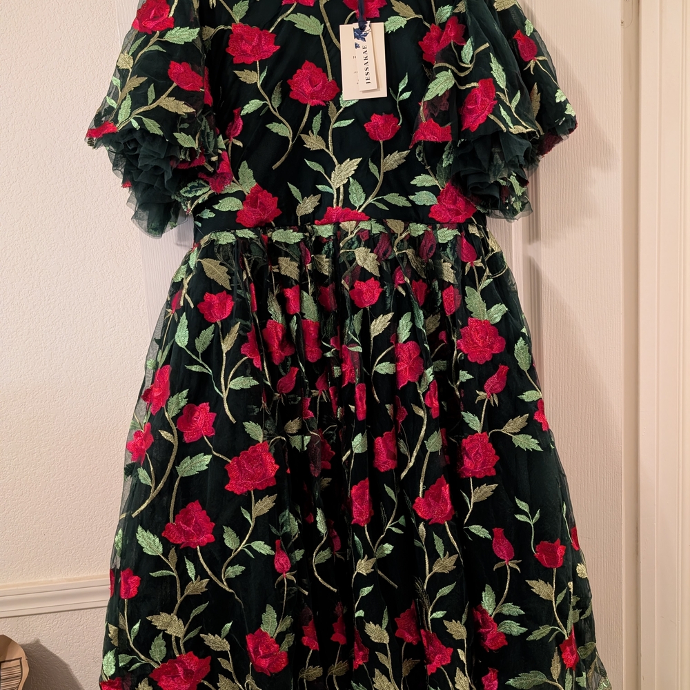 JessaKae NEW Green Red Rosette Floral Dress 1X